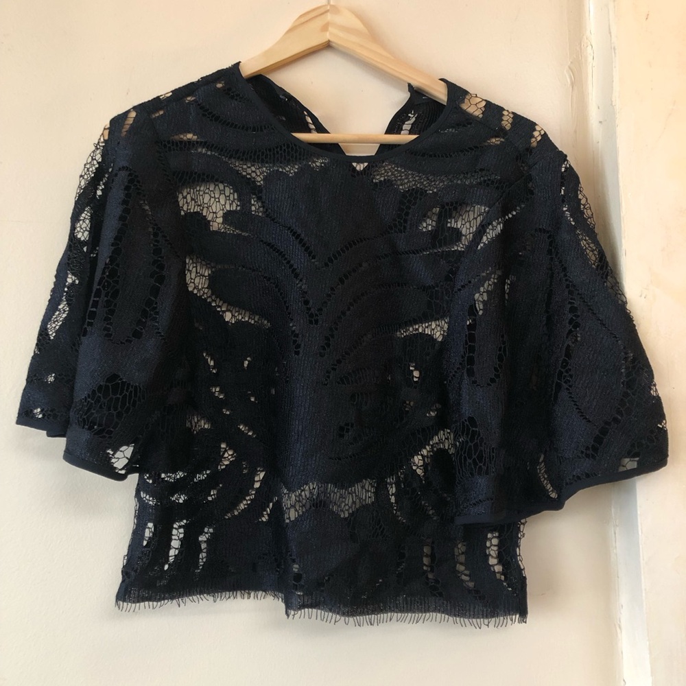 ZARA Black Lace Net Capelet Short Sleeve Sheer Relaxed Crop Top Blouse